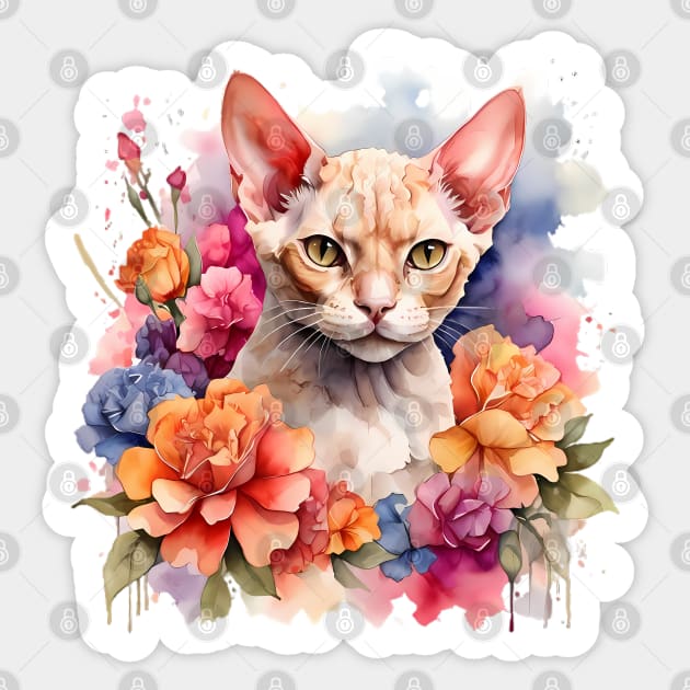 A devon rex cat decorated with beautiful watercolor flowers Sticker by CreativeSparkzz